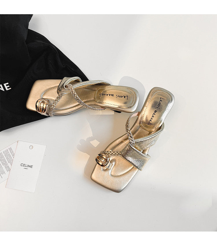 Karin Luna Braided Style ~Cross Strap Square Toe Irregular Heel Slippers