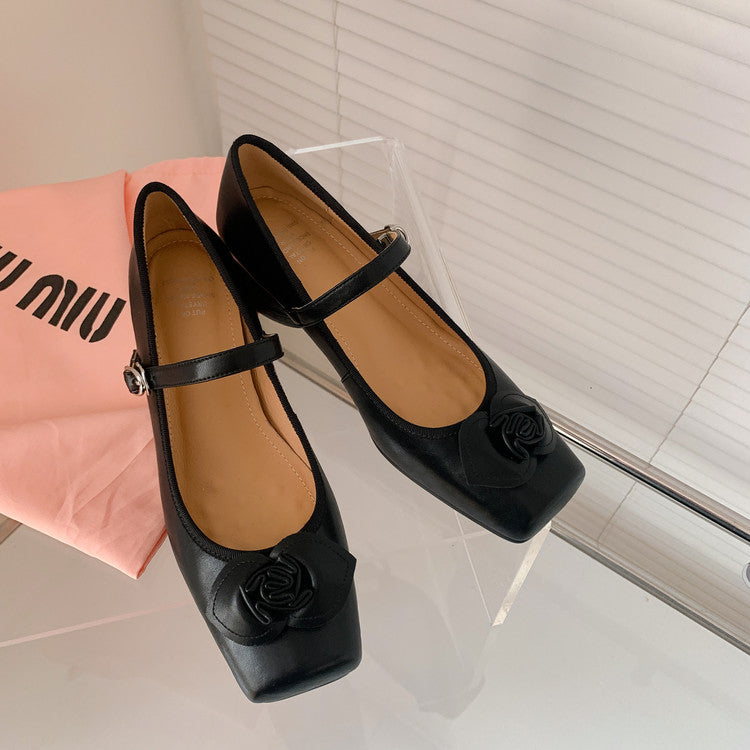 Karin Luna In Stock Spot Goods  Vintage Three-Dimensional Camellia Square-Toed Mary Jane Shoes