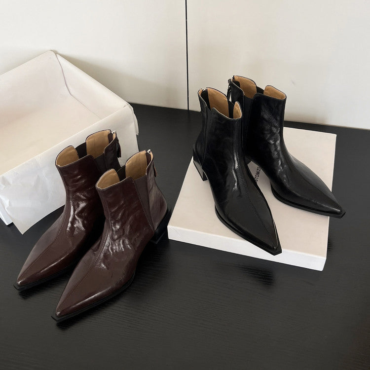 Karin Luna In Stock Spot Goods Elegant Stretch Fabric Patchwork Pointed Toe Chunky Heel Short Boots