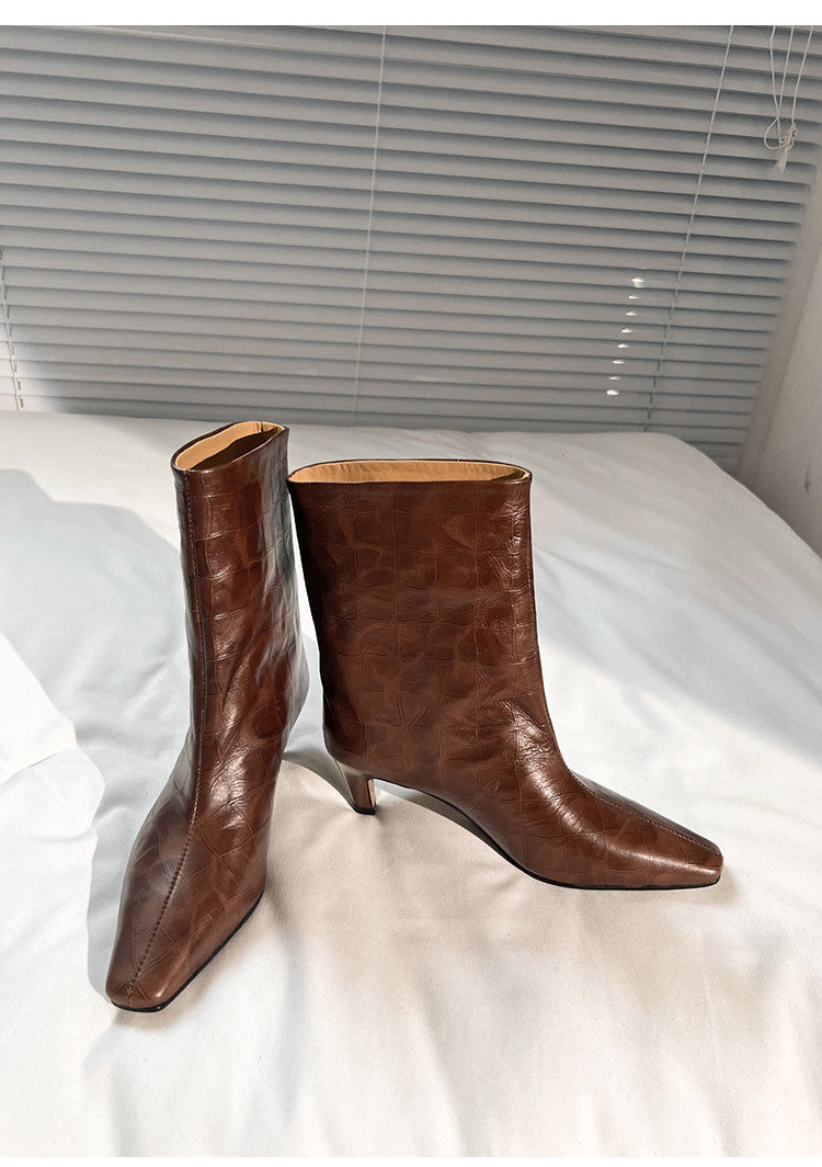 Karin Luna In Stock Spot Goods Top Layer Stone Pattern Cowhide Textured Small Square Toe Straight Short Boots