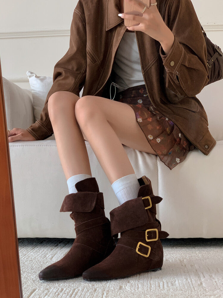 Karin Luna Cow Leather Small Square Toe Belt Buckle Fashion Boots