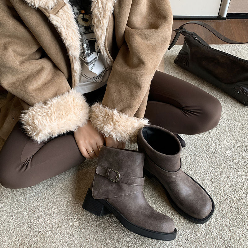 Karin Luna In Stock Spot Goods Versatile Basic Round Toe Belt Buckle Thick Sole Tube Boots