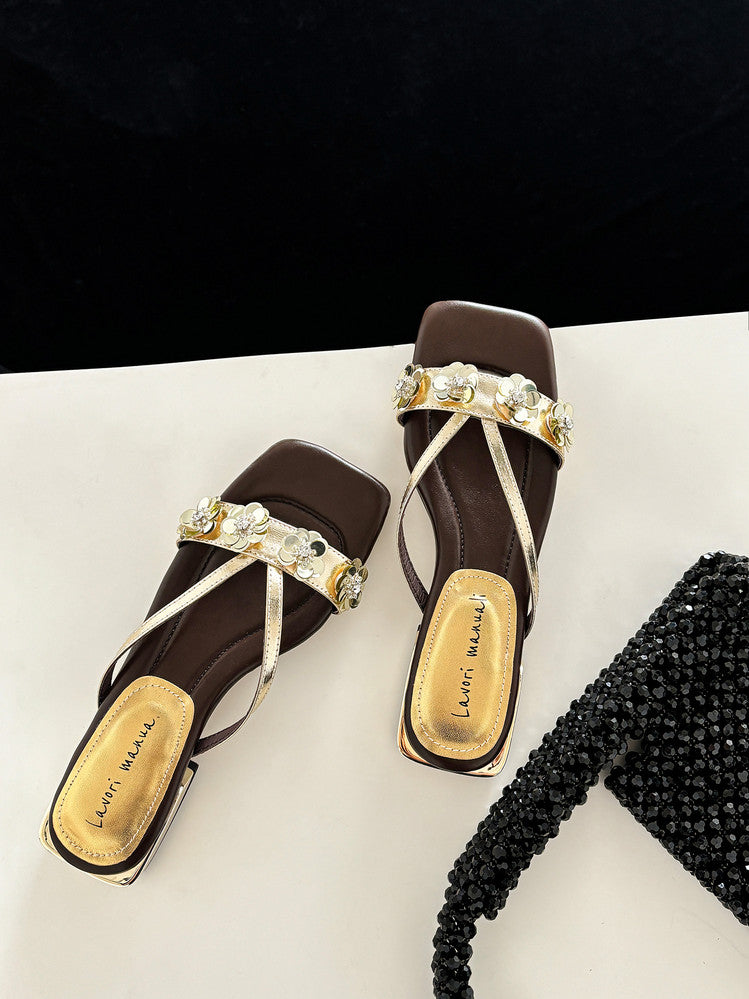 Karin Luna In Stock Spot Goods  One-Strap Sequin Floral Square-Toe Flat Slippers
