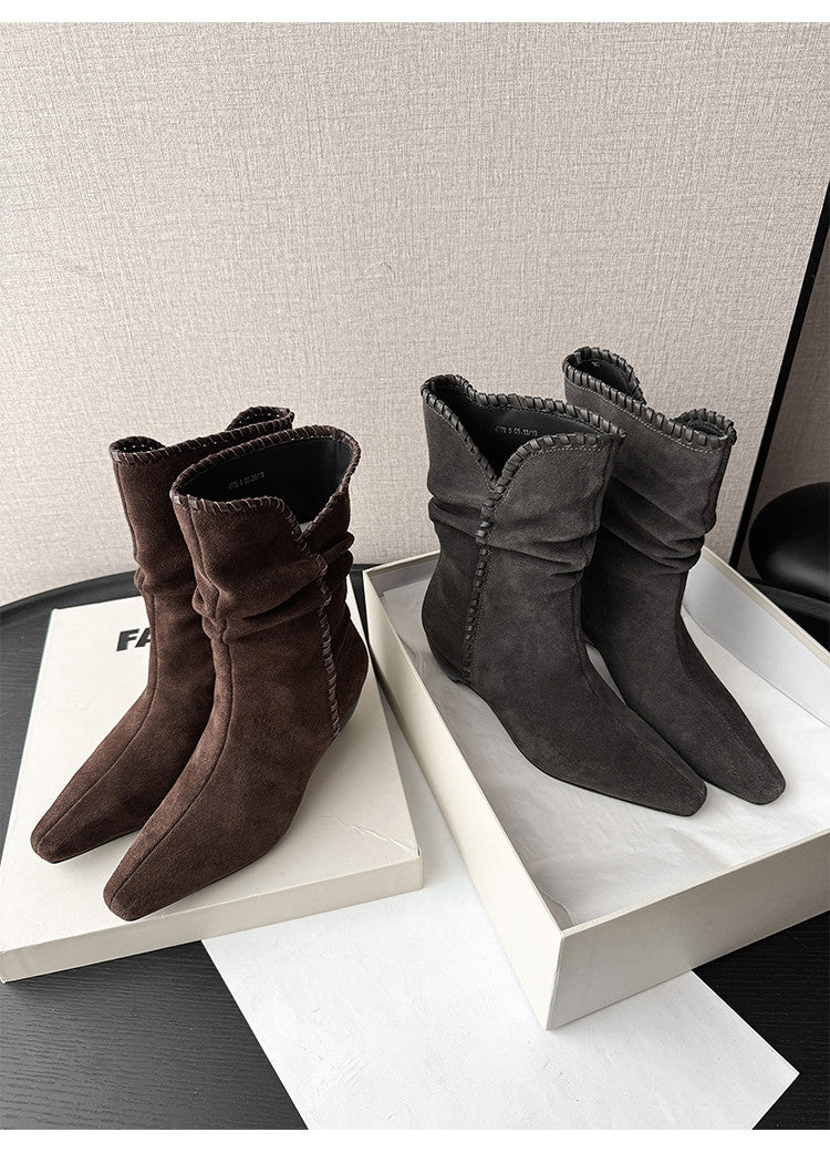 Karin Luna Elegant Style Small Square Toe Pleated Short Boots