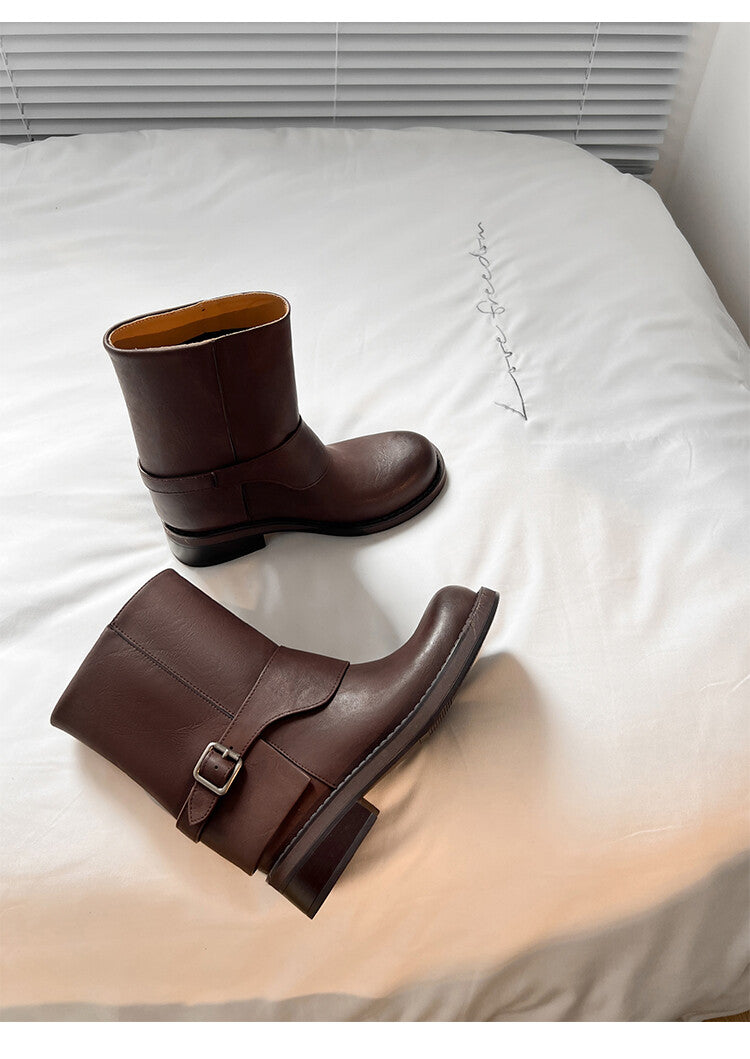 Karin Luna Belt Buckle Chunky Heel Fashion Short Boots