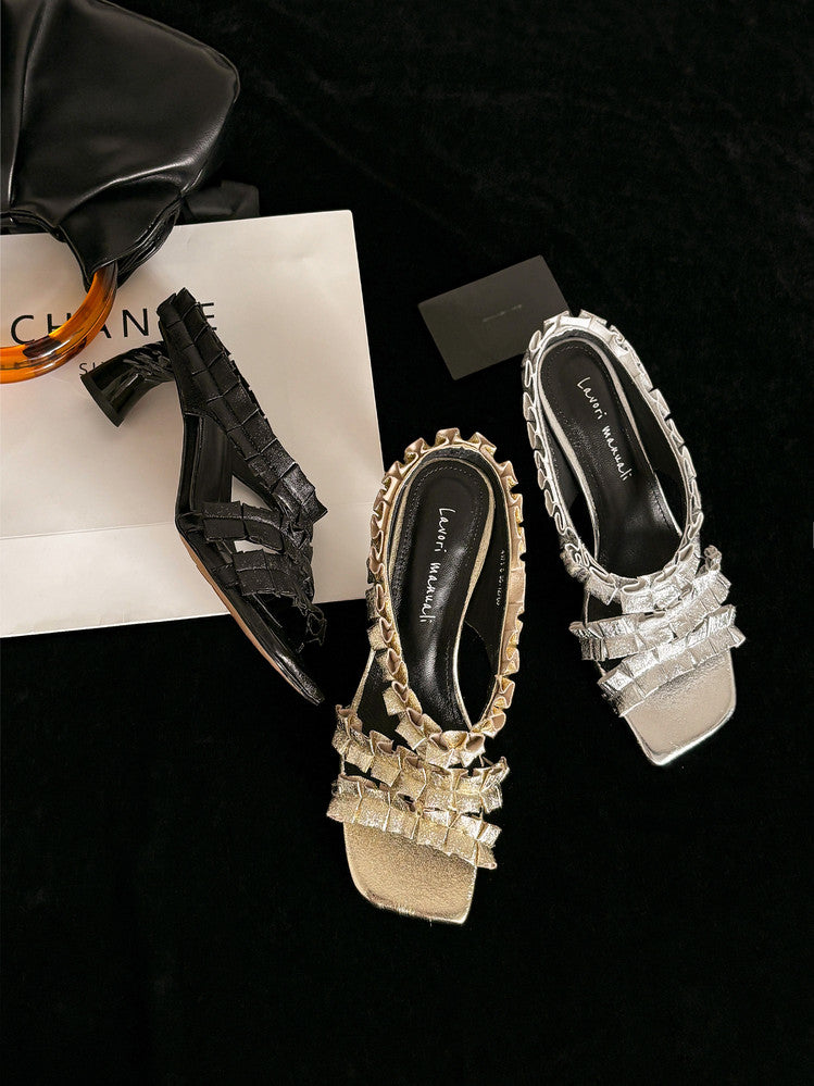 Karin Luna In Stock  Spot Goods  Unique Square-Toe Pleated Lace Sandals