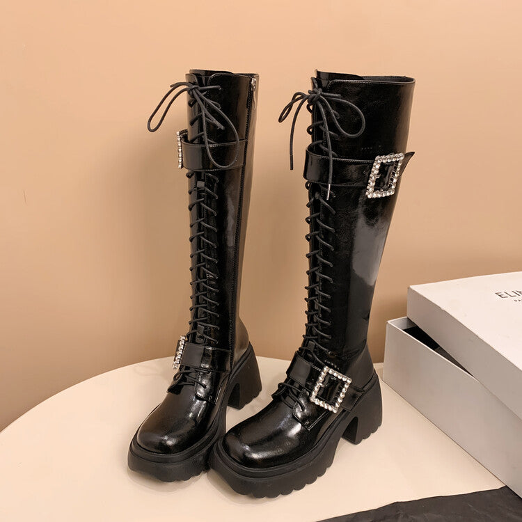 Karin Luna In Stock Spot Goods Bestselling Extended Version Rhinestone Square Buckle Thick Sole Lace-up Thick Sole Full Cowhide Knight Boots