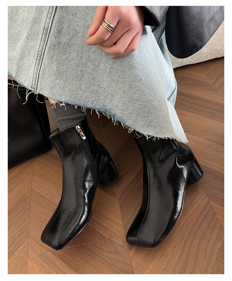 Karin Luna French Style Square Toe Chunky Heel Ankle Boots