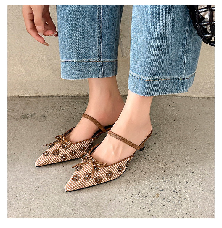 Karin Luna In Stock Spot Goods  Elegant Floral Pointed Toe Rhinestone Slippers