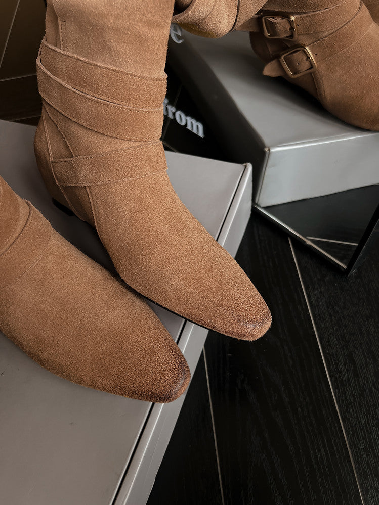 Karin Luna Height-Increasing Suede Leather Small Square Toe Belt Buckle Fashion Boots