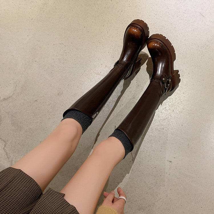 Karin Luna In Stock Spot Goods Round Toe Thick Sole Belt Buckle Straight Long Boots