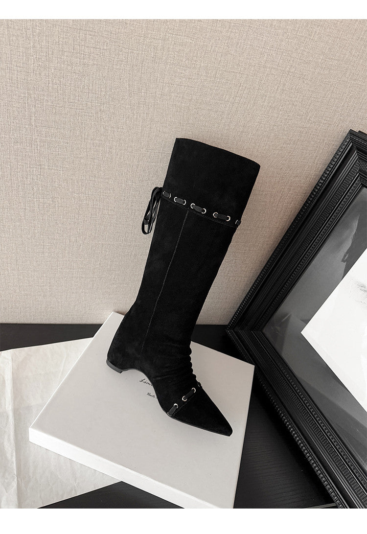 Karin Luna Elegant Style  Pointed Toe Pleated Hidden Wedge Western Boots