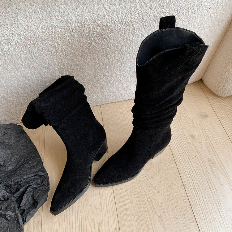 Karin Luna Elegant Style  Pointed Toe Wrinkled Wide Western Boots