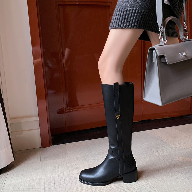Karin Luna In Stock Spot Goods Basic Retro Square Toe Chunky Heel Riding Boots