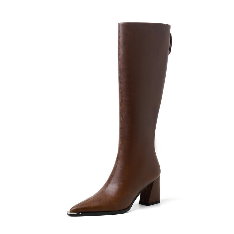 Karin Luna In Stock  In Stock Elegant Metal Pointed Toe Chunky Heel Full Cowhide Leather Riding Boots