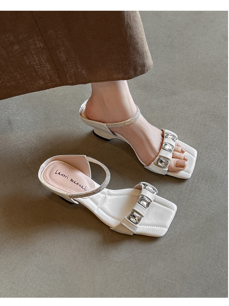 Karin Luna Bestseller Popular Rhinestone Ribbon Square Toe Slippers
