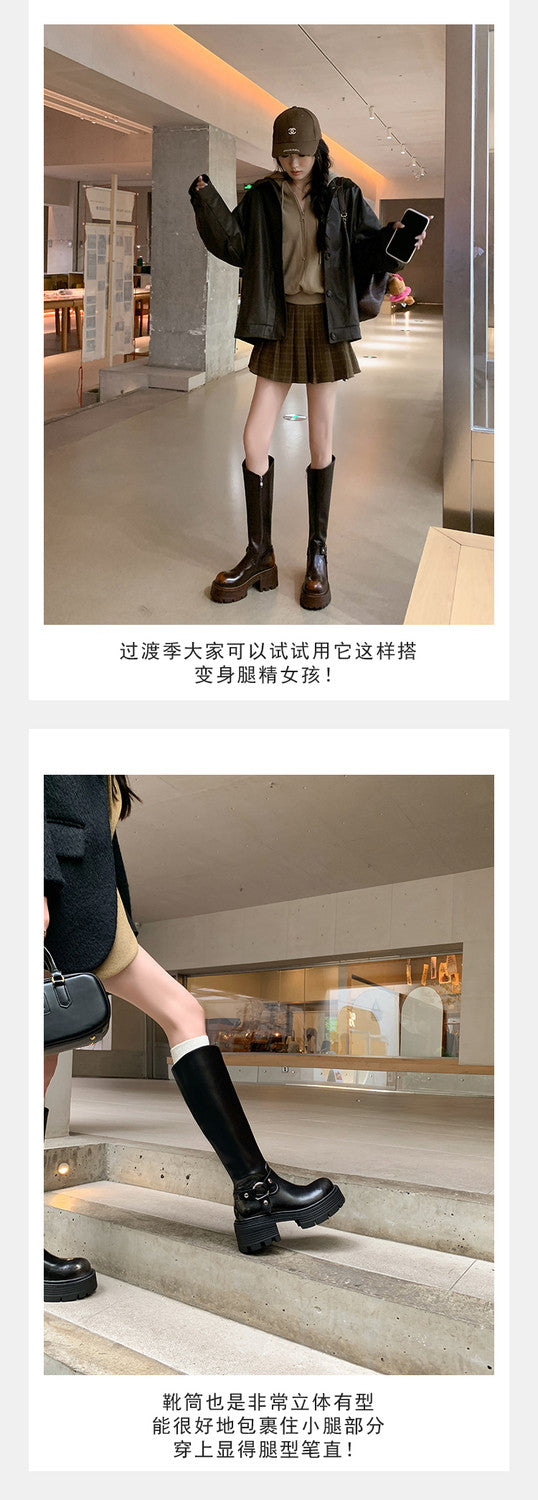 Karin Luna In Stock Spot Goods Round Toe Thick Sole Belt Buckle Straight Long Boots