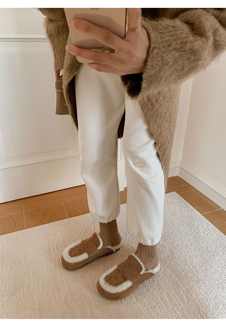 Karin Luna In Stock Look~This is such thick lamb wool Winter Atmosphere！Cowhide Leather Lamb Wool Round Toe Flat Sole Half Support！