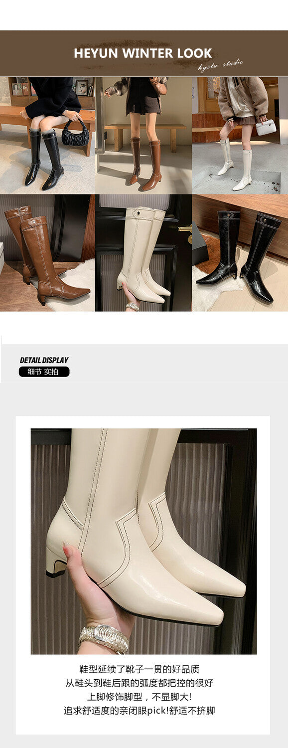 Karin Luna In Stock Spot Goods  Vintage Open Stitch Small Square Toe High Heel Side Zipper Riding Boots