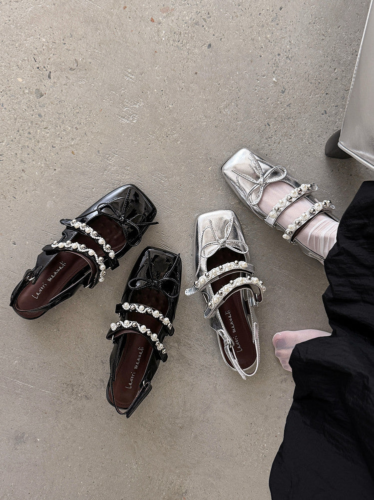 Karin Luna In Stock In Stock  Square Toe Bowknot Pearl Strap Closed-Toe Sandals