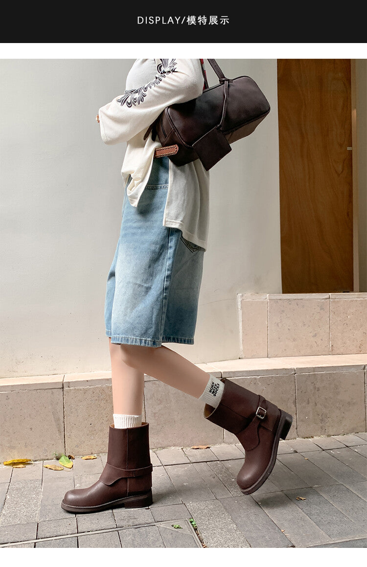 Karin Luna Belt Buckle Chunky Heel Fashion Short Boots