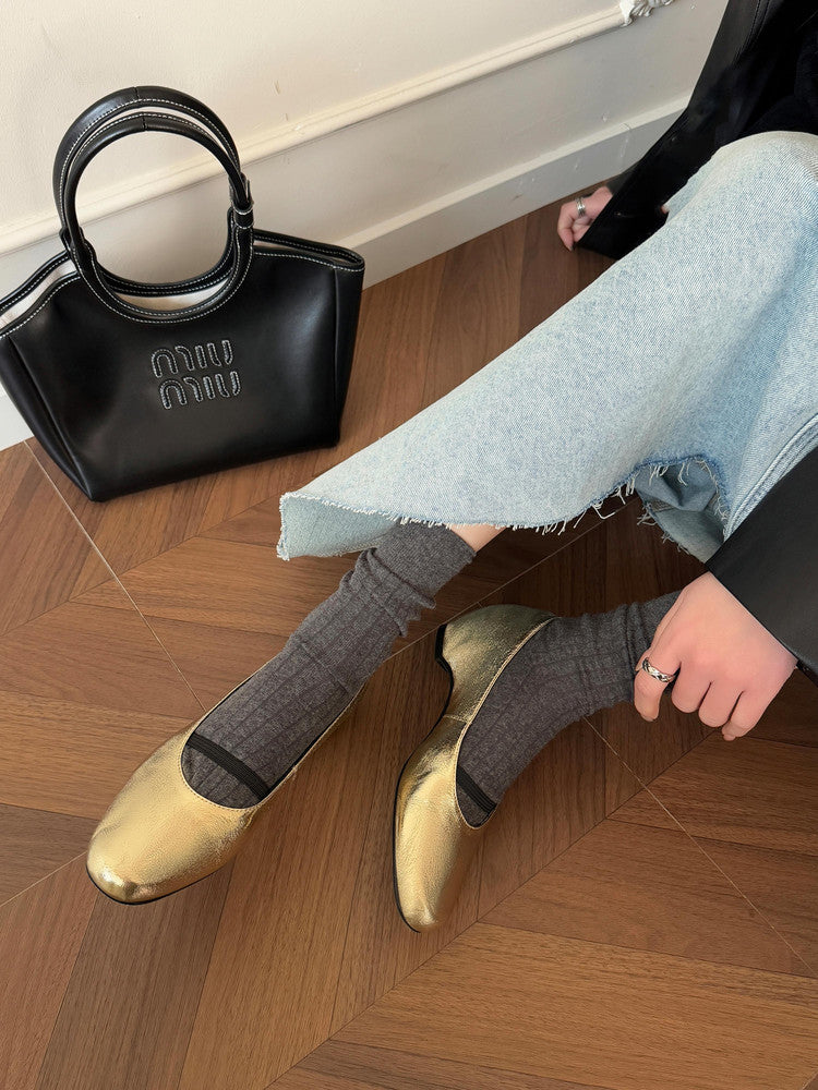 Karin Luna In Stock Spot Goods    Retro Elastic Band Chunky Heel Single Shoes