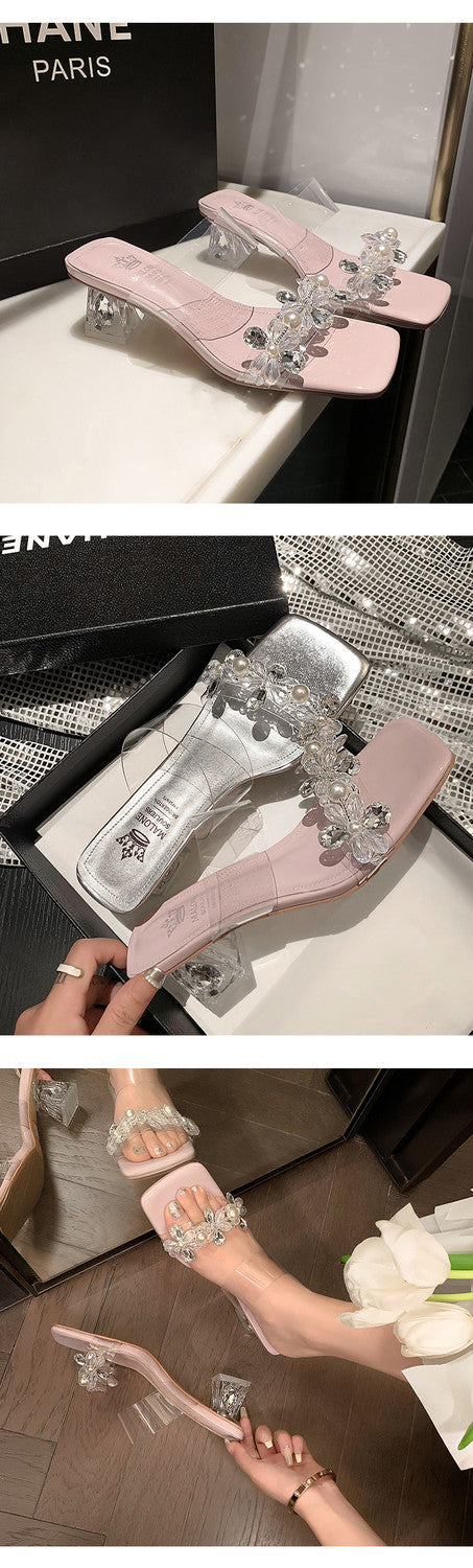 Karin Luna In Stock Spot Goods  Always in stock Square Toe Sweet Rhinestone Crystal Heel Slippers
