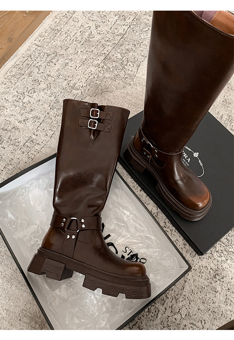 Karin Luna Full Cowhide  miumiu Popular Round Toe Thick Sole Beautiful and height-increasing