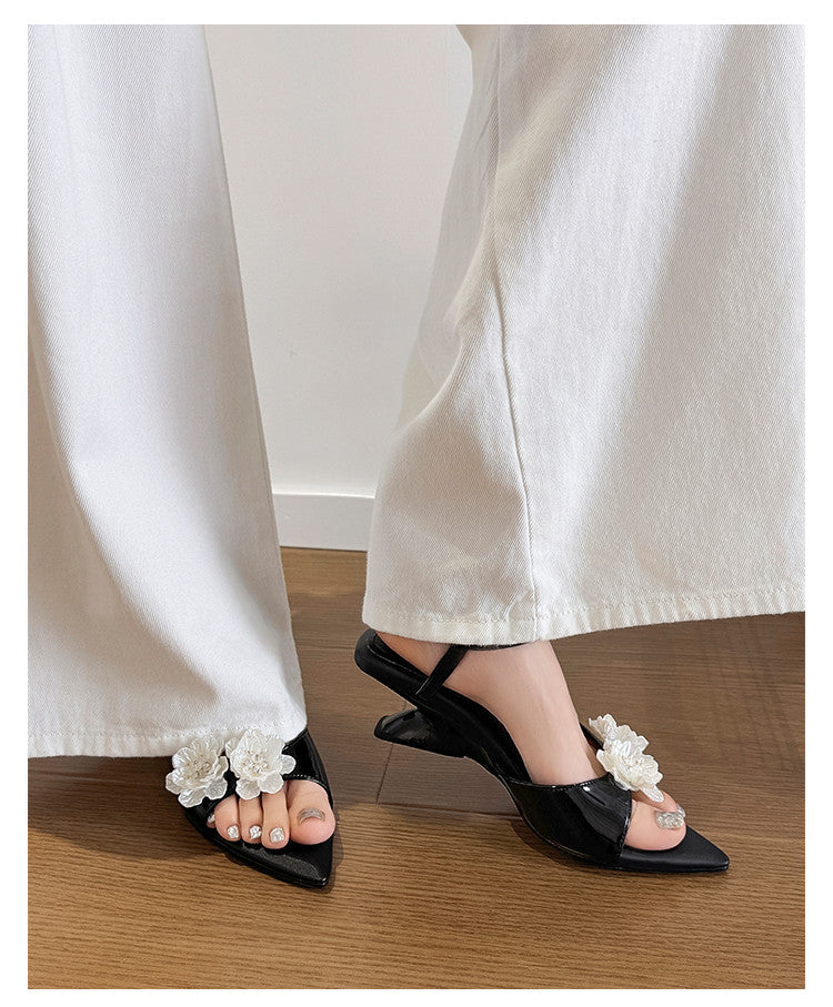 Karin Luna In Stock Spot Goods  Classic Camellia Pointed Toe Elegant Irregular Heel Sandals