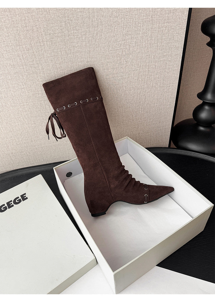 Karin Luna Elegant Style  Pointed Toe Pleated Hidden Wedge Western Boots