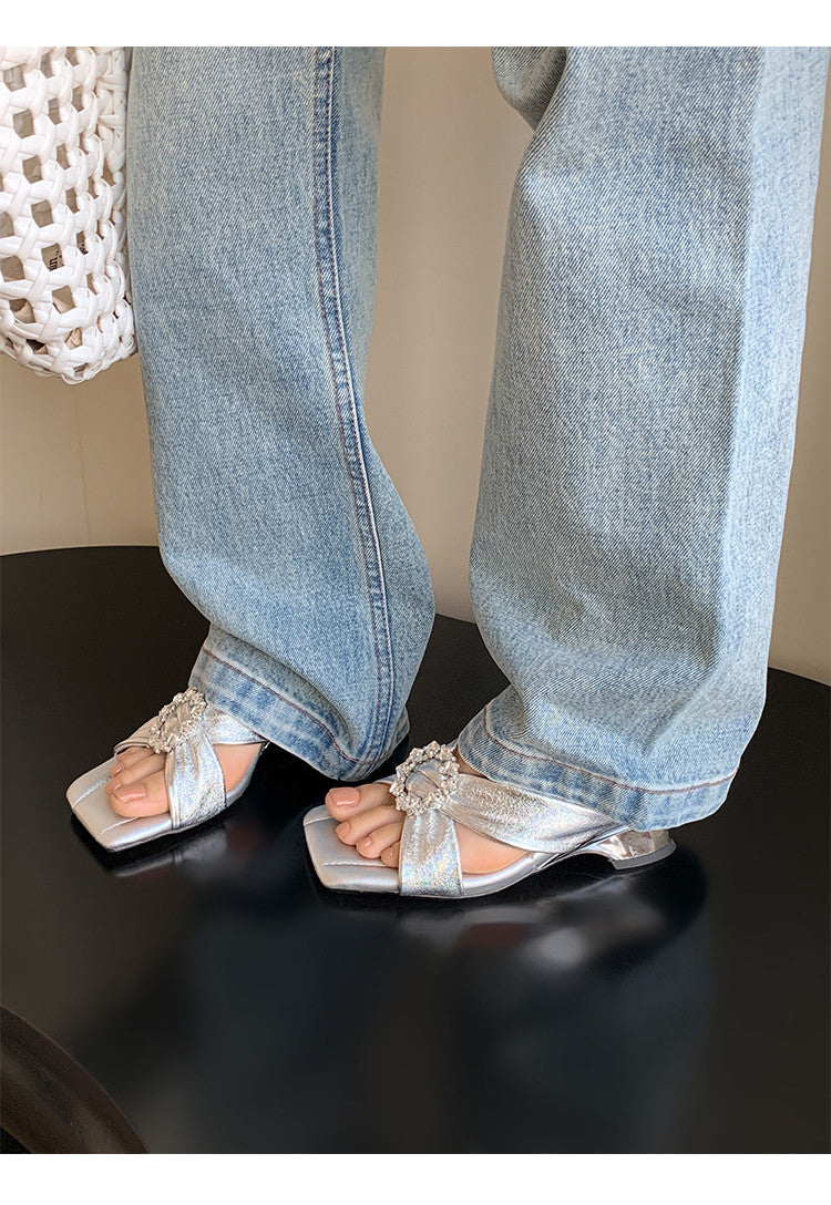 Karin Luna In Stock In Stock Elegant Square-Toe Cross-Strap Rhinestone Square-Toe Slippers