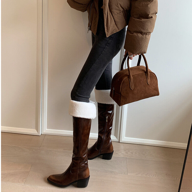 Karin Luna exploded  Three versions exploded Single Fleece Lining Fur Collar Version  Thick Fur Collar Foldable Hot-Selling Full Cowhide Pointed Toe Chunky Heel Classic Style