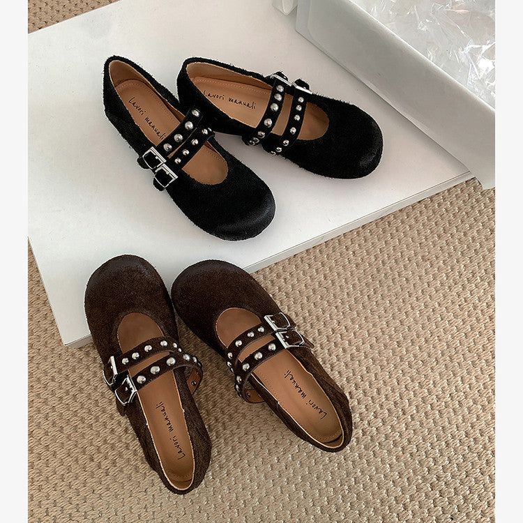Karin Luna Hot Item Hot Item Punk Style One-Strap Round-Toe Suede Leather Height-Increasing Flats