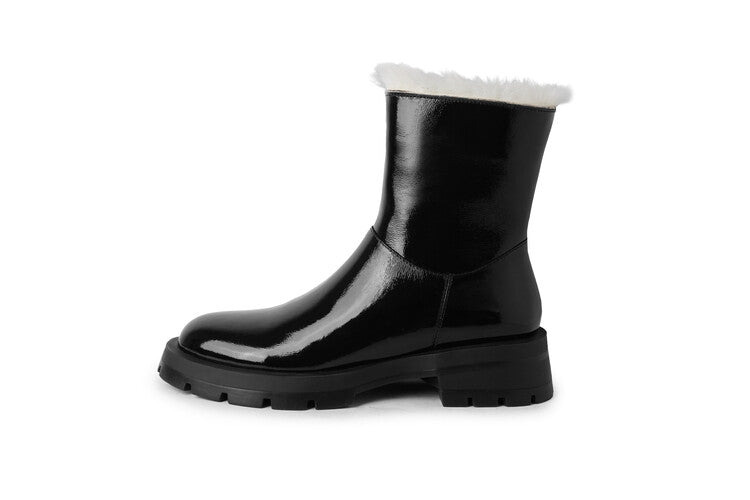 Karin Luna In Stock  Best-selling in stock Thickened Fleece Cow Patent Leather Hot-Selling Flat Short Boots
