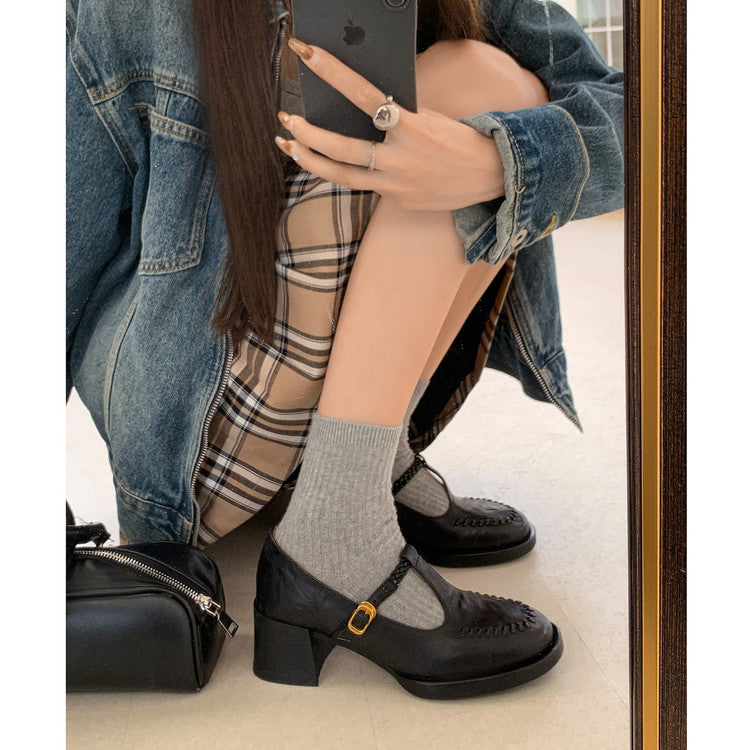 Karin Luna In Stock Spot Goods Vintage Braided Twist High Heels T Round Toe Thick Sole Single Shoes