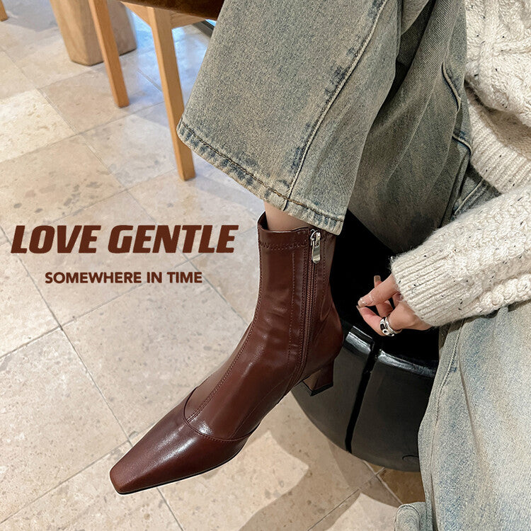 Karin Luna Elegant Small Square Toe Chunky Heel Slim Boots