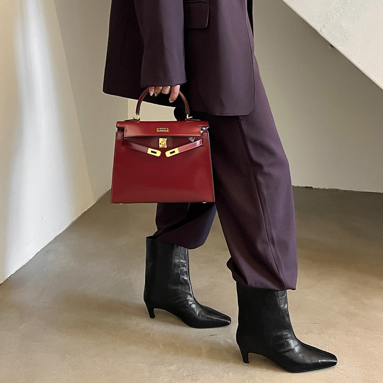 Karin Luna In Stock Spot Goods Top Layer Stone Pattern Cowhide Textured Small Square Toe Straight Short Boots