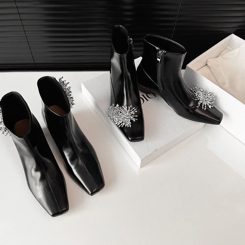 Karin Luna Elegant Style Square Toe Flower Design Height Increasing Short Boots with Two Front and Back Options