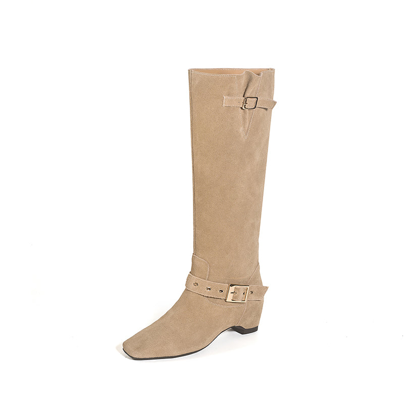 Karin Luna Data Model Belt Buckle Matte Square Toe Hidden Wedge Slouch Western Boots