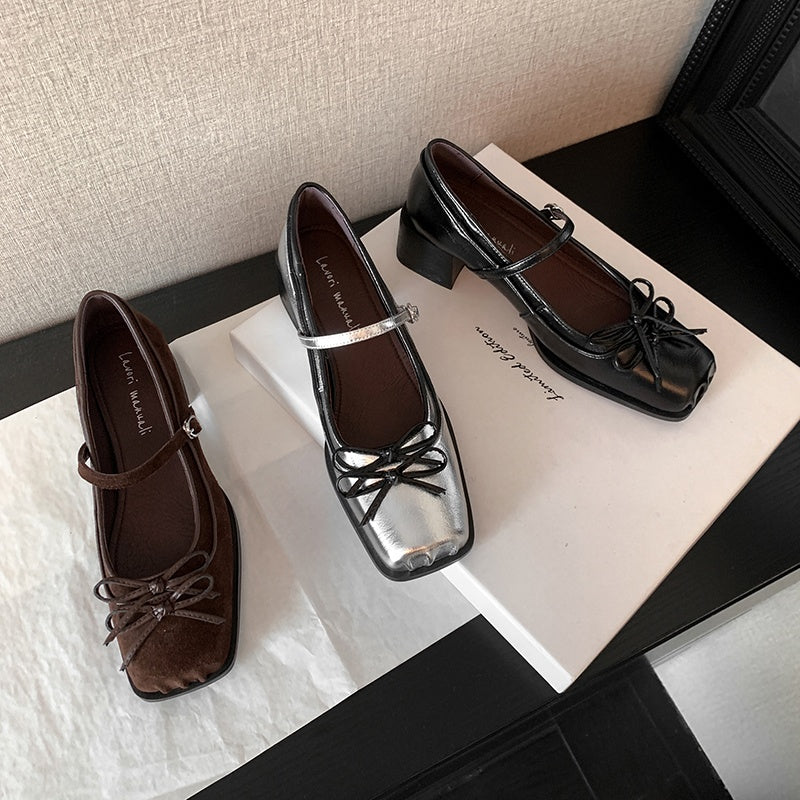 Karin Luna In Stock Spot Goods   One-strap Bowknot Square Toe Chunky Heel Mary Jane Shoes