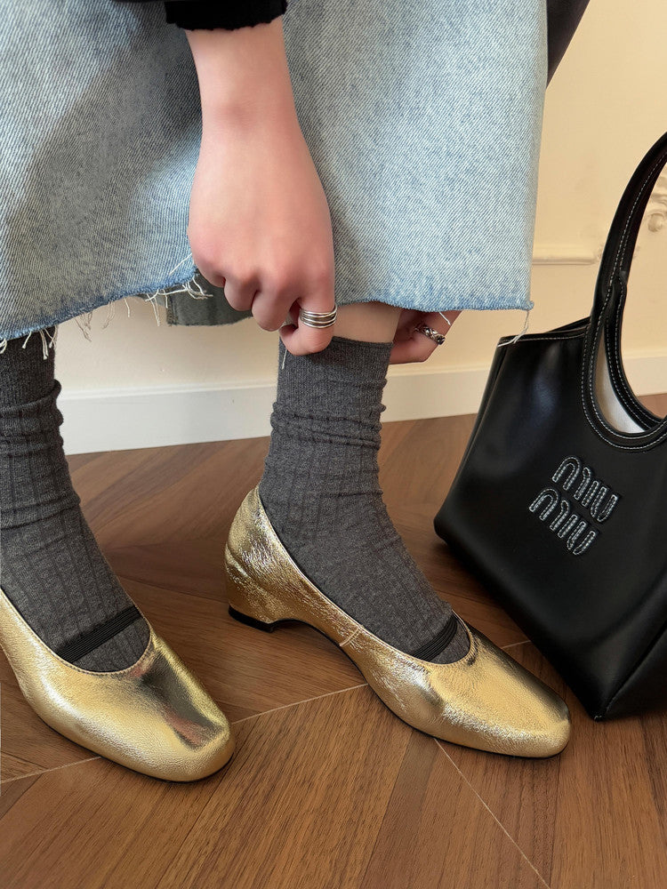 Karin Luna In Stock Spot Goods    Retro Elastic Band Chunky Heel Single Shoes