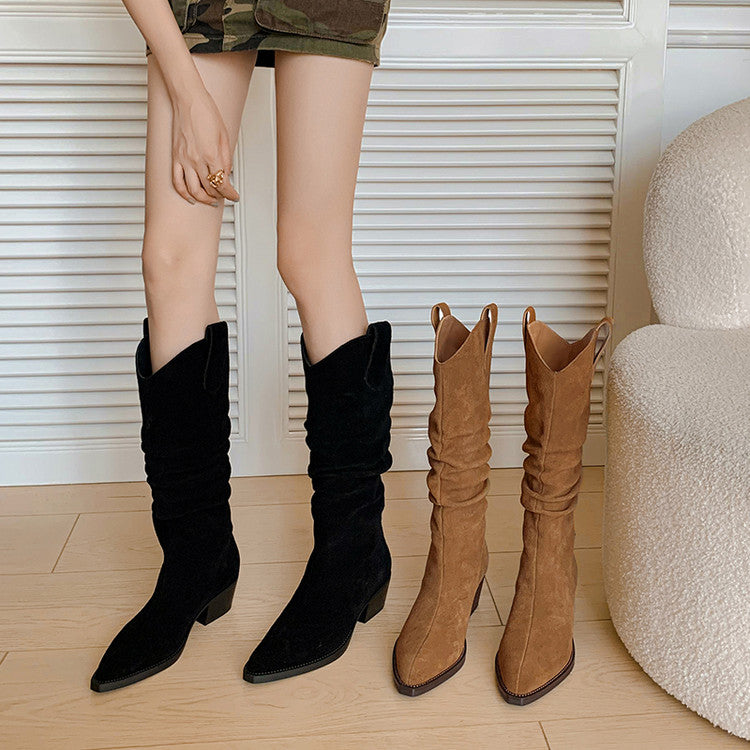 Karin Luna Elegant Style  Pointed Toe Wrinkled Wide Western Boots