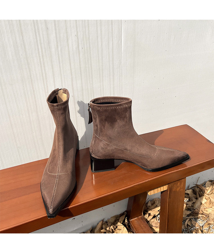 Karin Luna In Stock In Stock Elastic Slim Pointed Toe Chunky Heel Basic Ankle Boots