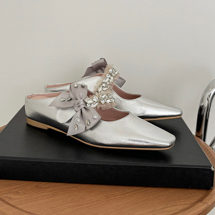 Karin Luna Handmade One-Strap Rhinestone Ribbon Square-Toe Mules