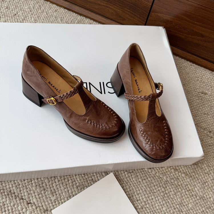 Karin Luna In Stock Spot Goods Vintage Braided Twist High Heels T Round Toe Thick Sole Single Shoes