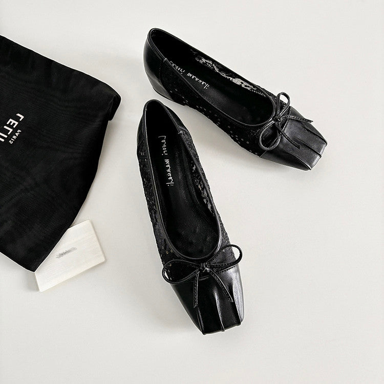 Karin Luna In Stock In Stock  Wrinkled Square Toe Patchwork Breathable Mesh Bow Granny Shoes