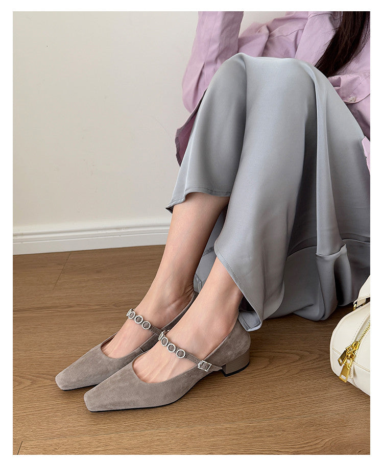 Karin Luna In Stock Spot Goods  Vintage Full Leather Square Toe Rhinestone Strap Shallow Mouth Single Shoes