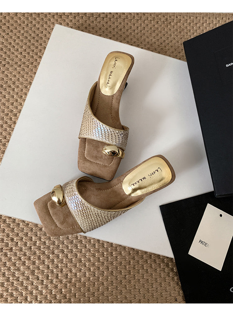 Karin Luna Fish Skin Series~Minimalist Square Toe Popular Irregular Heel Slippers