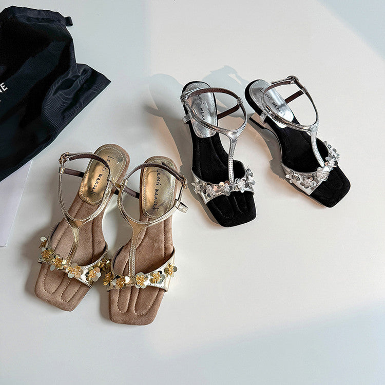 Karin Luna Hot-Selling Sequin Floral Series ~  Square Toe Irregular Heel Square Toe Sandals