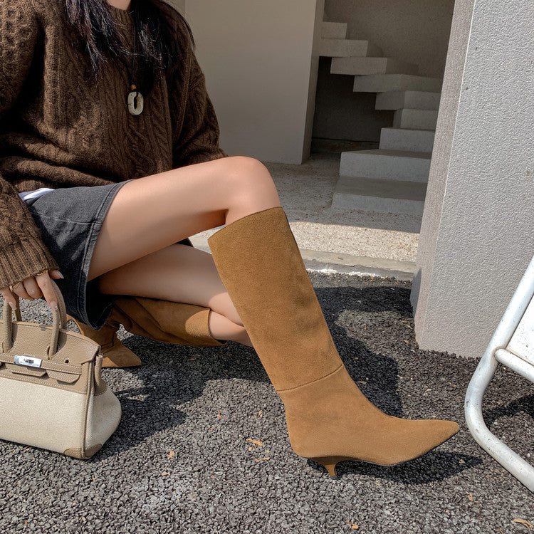 Karin Luna In Stock Spot Goods Retro Cowhide Pointed Toe Stiletto Elegant Long Boots